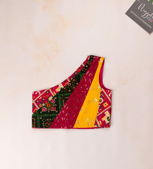 Pre Order: Multicolor Patola lehenga and patchwork designer blouse with one shoulder sleeves