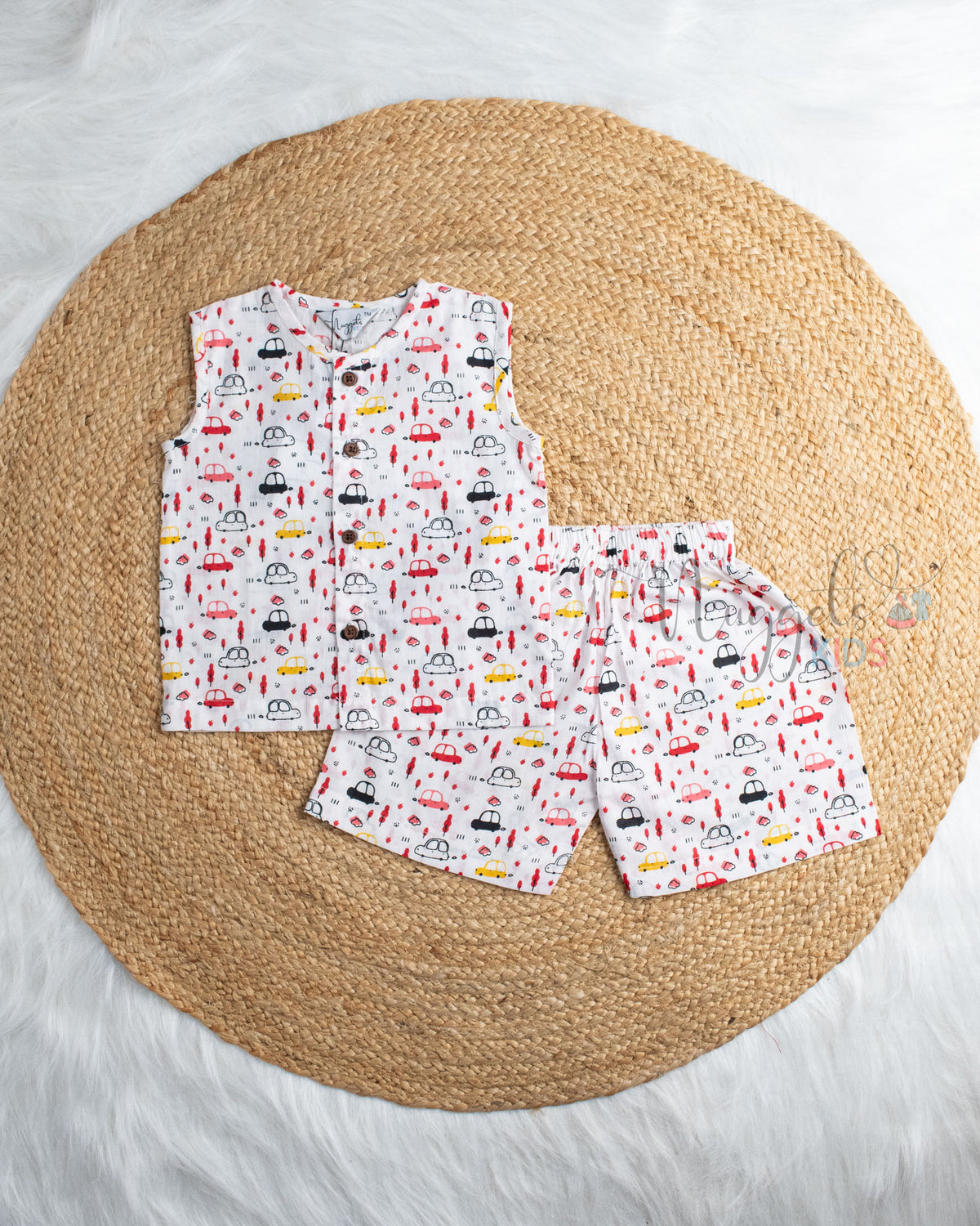 Ready to Ship: Cute Transit Car Printed Sleeveless Jhabla and Shorts Set