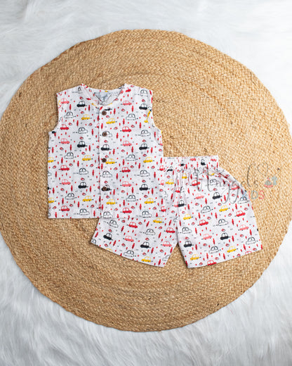 Ready to Ship: Cute Transit Car Printed Sleeveless Jhabla and Shorts Set
