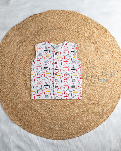 Ready to Ship: Travel Whimsy Car Printed Pure Cotton Jhabla with Wooden Button Detailing