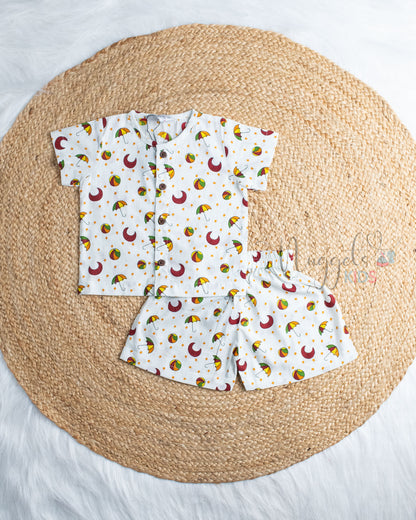 Ready to Ship: Rainy Joy Printed Jhabla and Shorts Set with Sleeves
