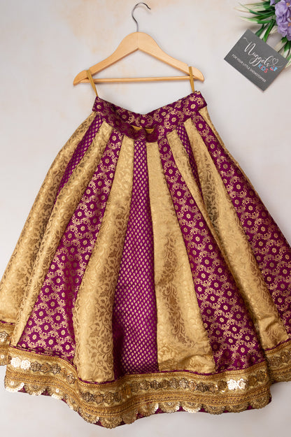 Pre Order: Jamun Kali styled banarasi brocade super flary skirt and designer top with pleated yolk and tri-layered wing sleeves and lace detailing