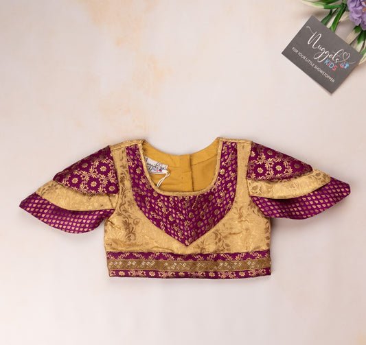 Pre Order: Jamun Kali styled banarasi brocade super flary skirt and designer top with pleated yolk and tri-layered wing sleeves and lace detailing