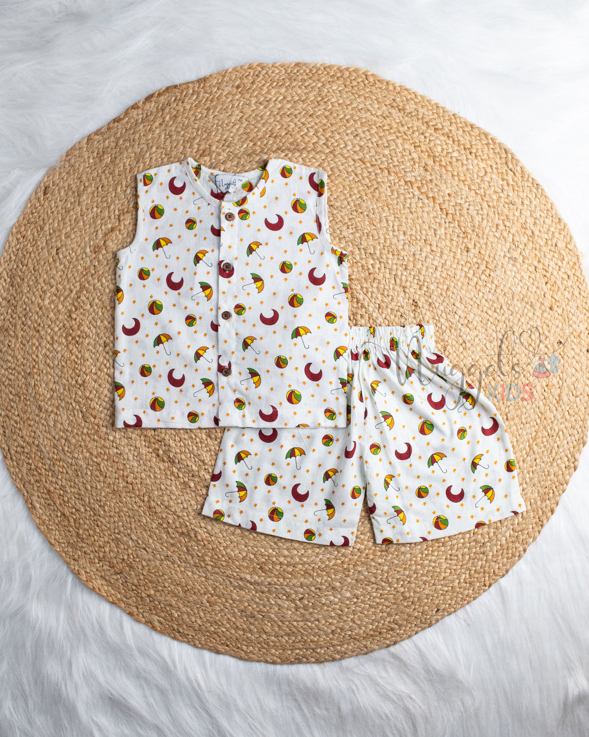 Ready to Ship: Little Orbit Printed Sleeveless Jhabla and Shorts Set