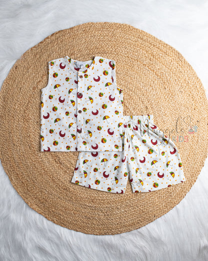 Ready to Ship: Little Orbit Printed Sleeveless Jhabla and Shorts Set