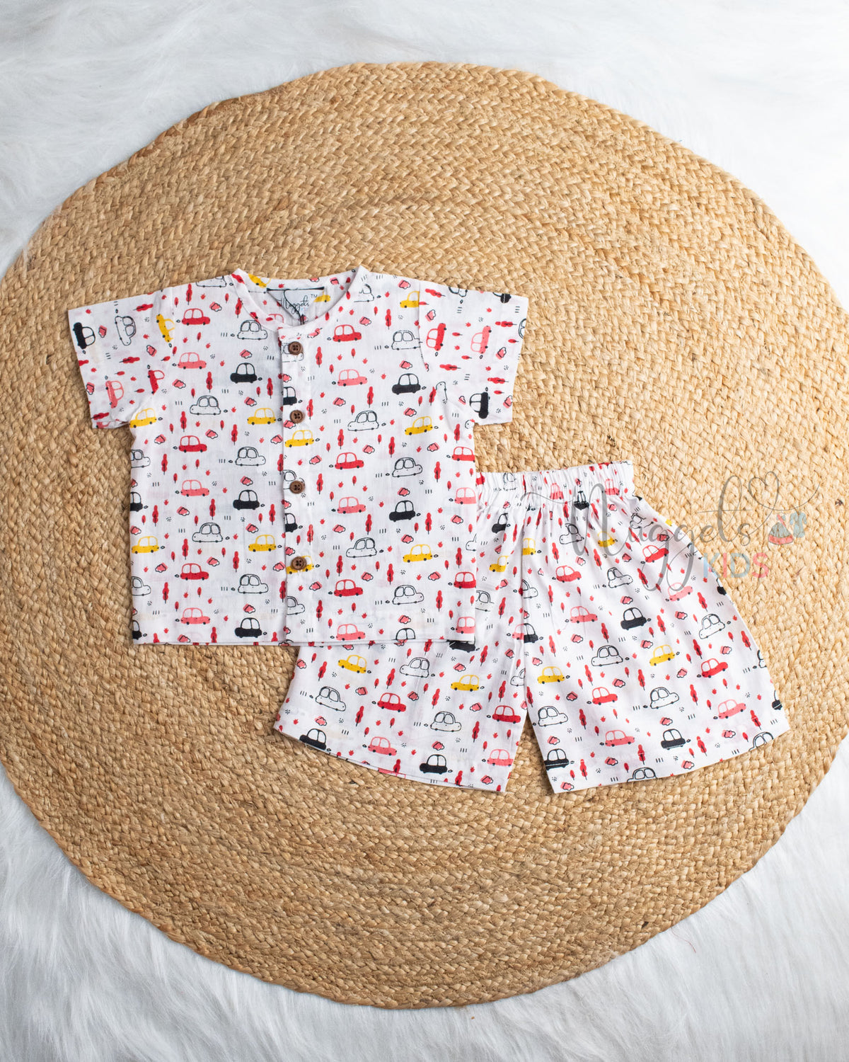 Ready to Ship: Tiny Journey Car Printed Jhabla and Shorts Set with Sleeves
