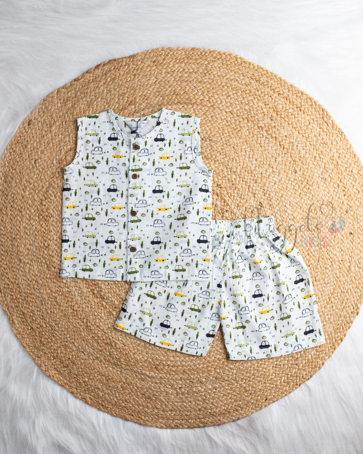Ready to Ship: Velocity Mini Car Printed Sleeveless Jhabla and Shorts Set