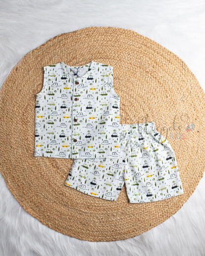 Ready to Ship: Velocity Mini Car Printed Sleeveless Jhabla and Shorts Set