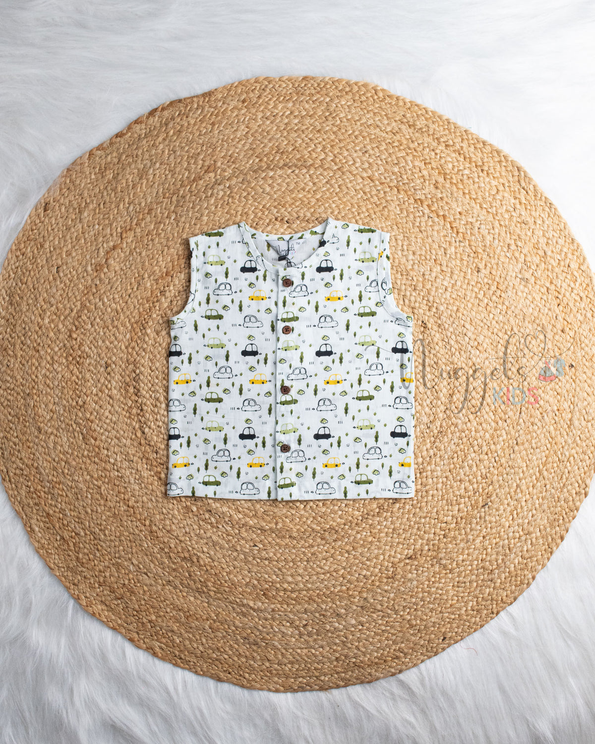 Ready to Ship: Street Sprouts Car Green Printed Pure Cotton Jhabla with Wooden Button Detailing