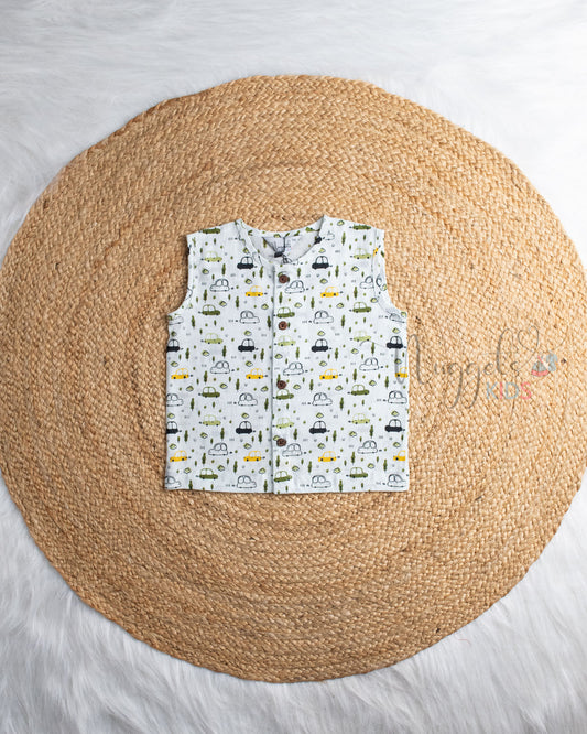 Ready to Ship: Velocity Mini Car Printed Sleeveless Jhabla and Shorts Set