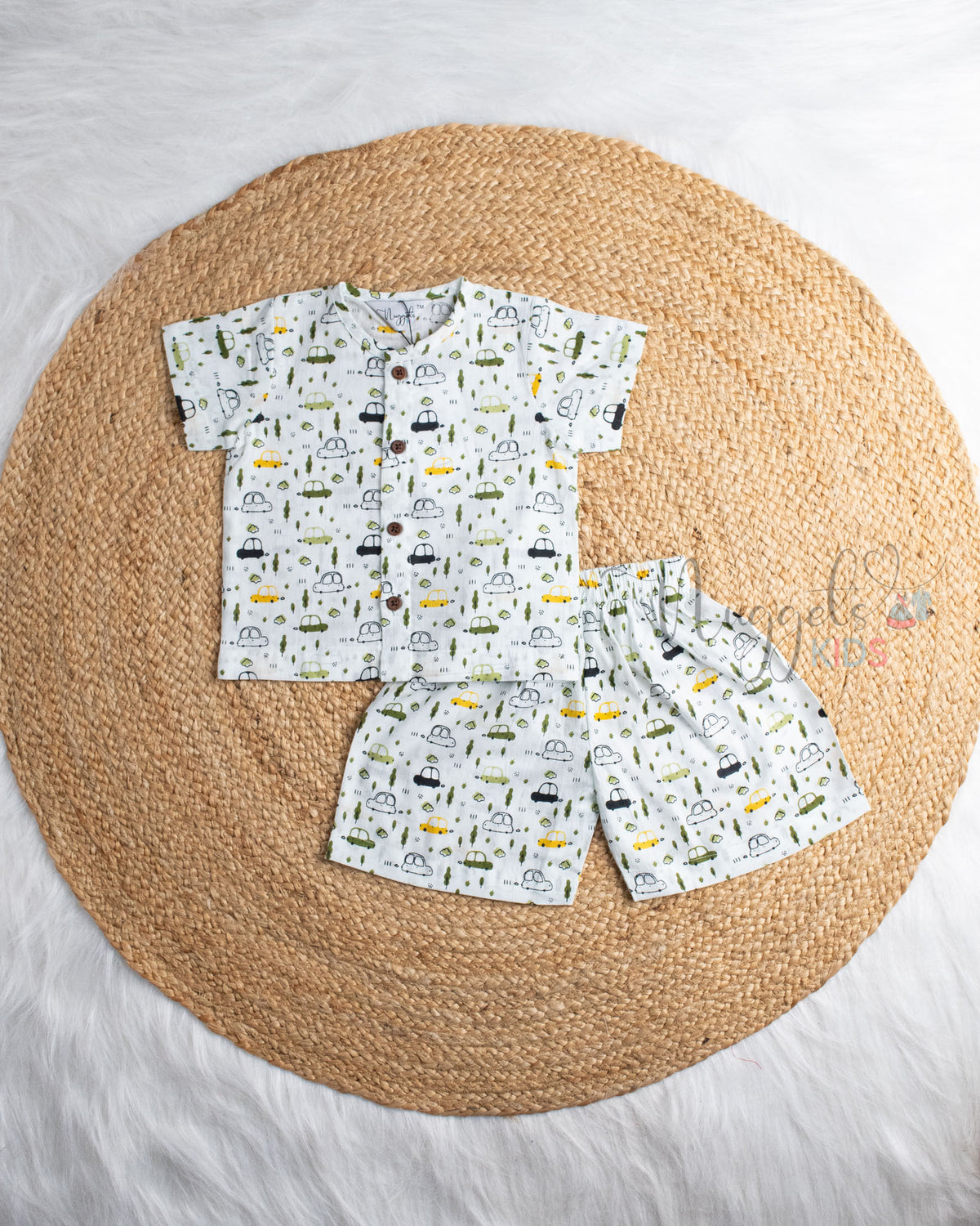 Ready to Ship: Rode Buddies Car Green Printed Jhabla and Shorts Set with Sleeves