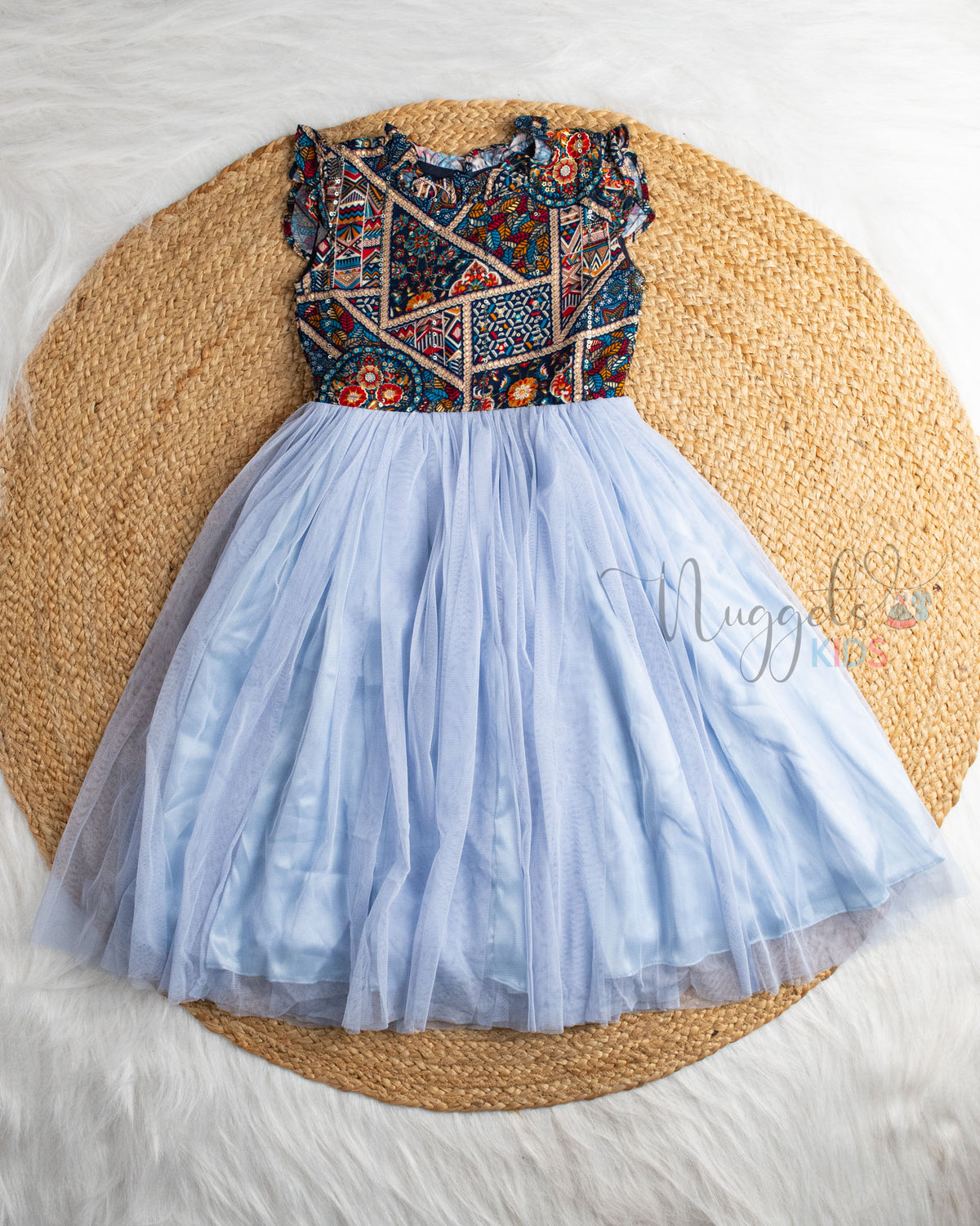 Ready to Ship: Ink Blue Yoke And Sky Blue Netted Gown With Mini Ruffle Sleeves