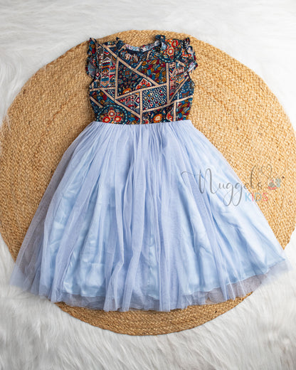 Ready to Ship: Ink Blue Yoke And Sky Blue Netted Gown With Mini Ruffle Sleeves