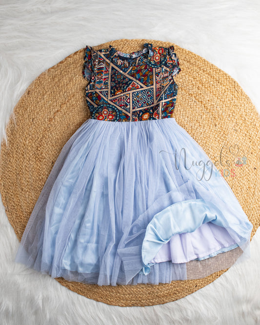 Ready to Ship: Ink Blue Yoke And Sky Blue Netted Gown With Mini Ruffle Sleeves