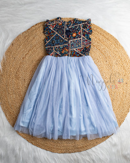 Ready to Ship: Ink Blue Yoke And Sky Blue Netted Gown With Mini Ruffle Sleeves