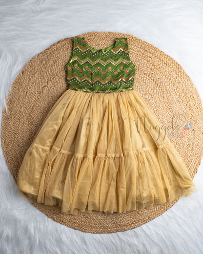 Ready to Ship: Green Designer Yoke And Golden Netted Two Layer Gown