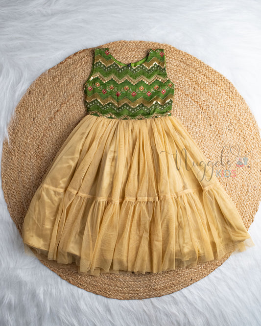 Ready to Ship: Green Designer Yoke And Golden Netted Two Layer Gown