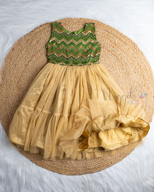 Ready to Ship: Green Designer Yoke And Golden Netted Two Layer Gown