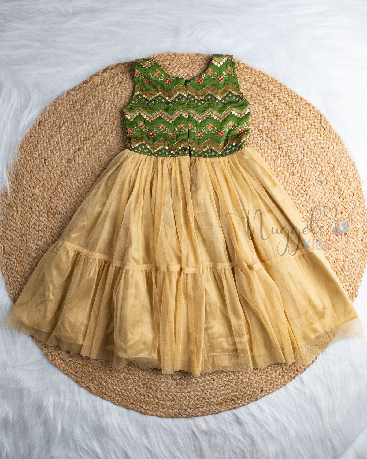 Ready to Ship: Green Designer Yoke And Golden Netted Two Layer Gown