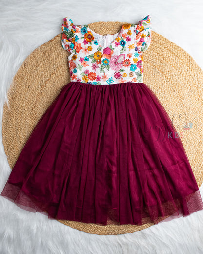 Ready to Ship: White Designer Yoke And Burgundy Netted Gown With Ruffle Sleeves