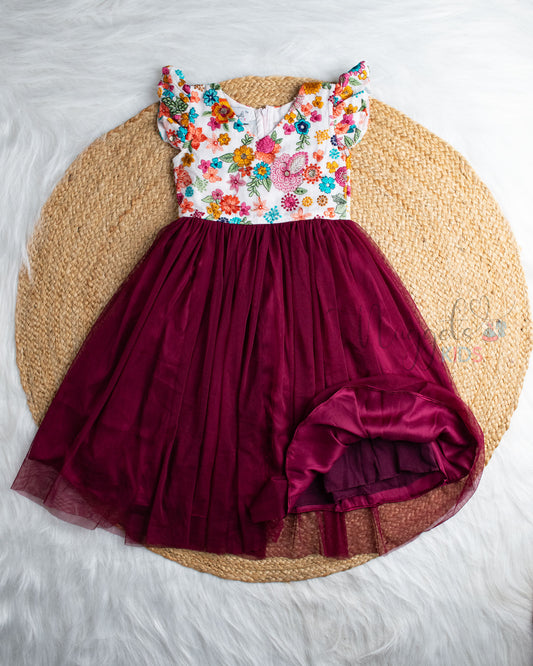 Ready to Ship: White Designer Yoke And Burgundy Netted Gown With Ruffle Sleeves