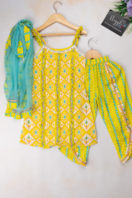 Pre Order: Yellow and Turquoise Designer Kurti and Tulip Pant Set with Dupatta