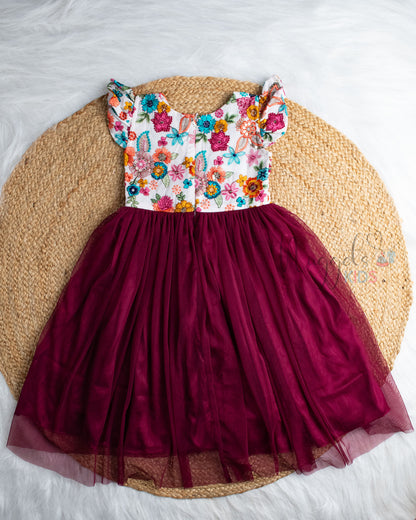 Ready to Ship: White Designer Yoke And Burgundy Netted Gown With Ruffle Sleeves