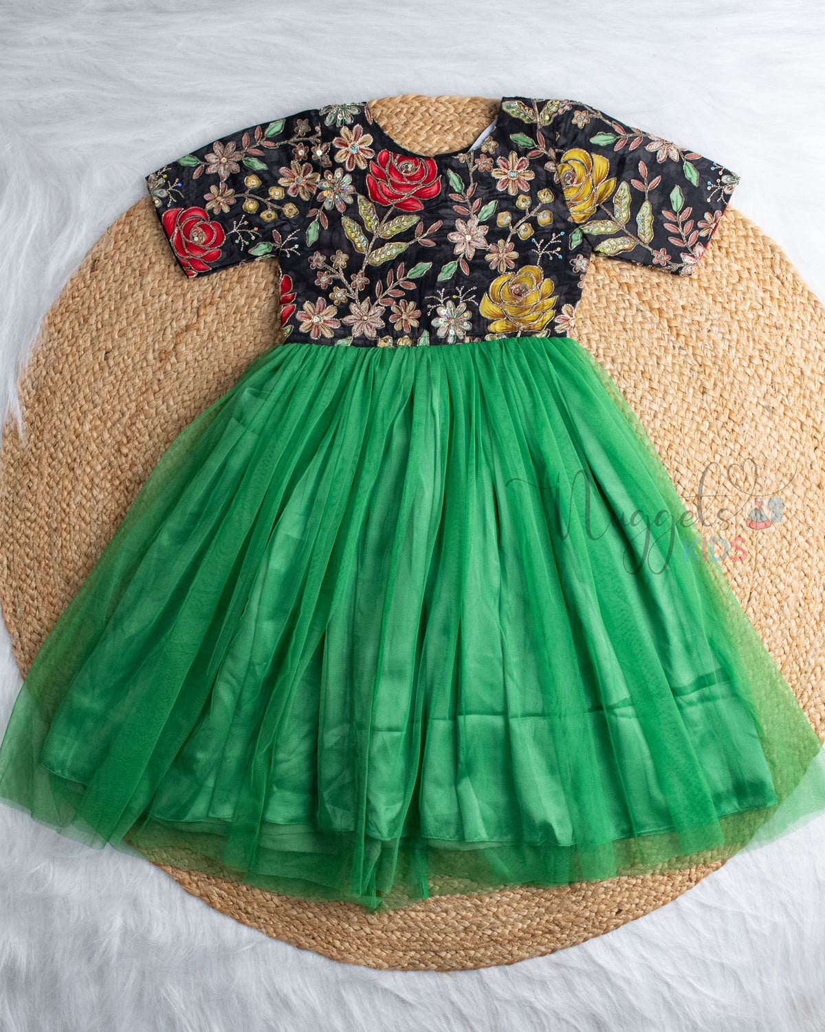Ready to Ship: Black Designer Yoke Green Netted Gown With Elbow Sleeves