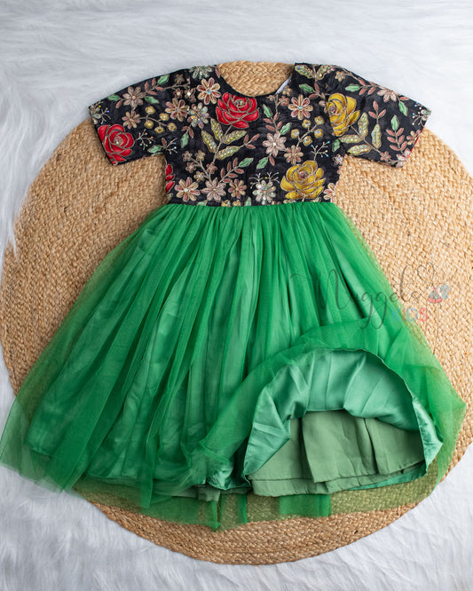 Ready to Ship: Black Designer Yoke Green Netted Gown With Elbow Sleeves