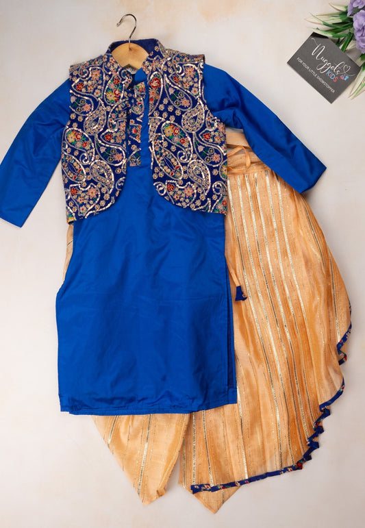 Pre Order: Semi-silk designer kurta with sequined jacket and embroidered peach pleated dhoti