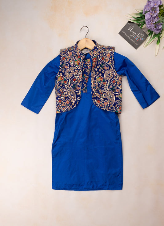 Pre Order: Semi-silk designer kurta with sequined jacket and embroidered peach pleated dhoti