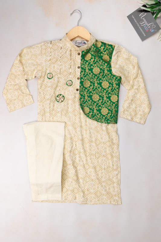 Pre Order: Stylish Foil Printed Rayon Kurta with Brocade Patchwork and lace detailing with Straight Pants