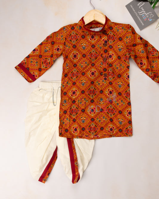 Ready to Ship: Foil Printed Patola Kurta with designer red taping and dhoti