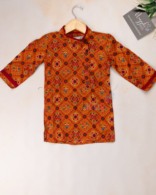 Ready to Ship: Foil Printed Patola Kurta with designer red taping and dhoti