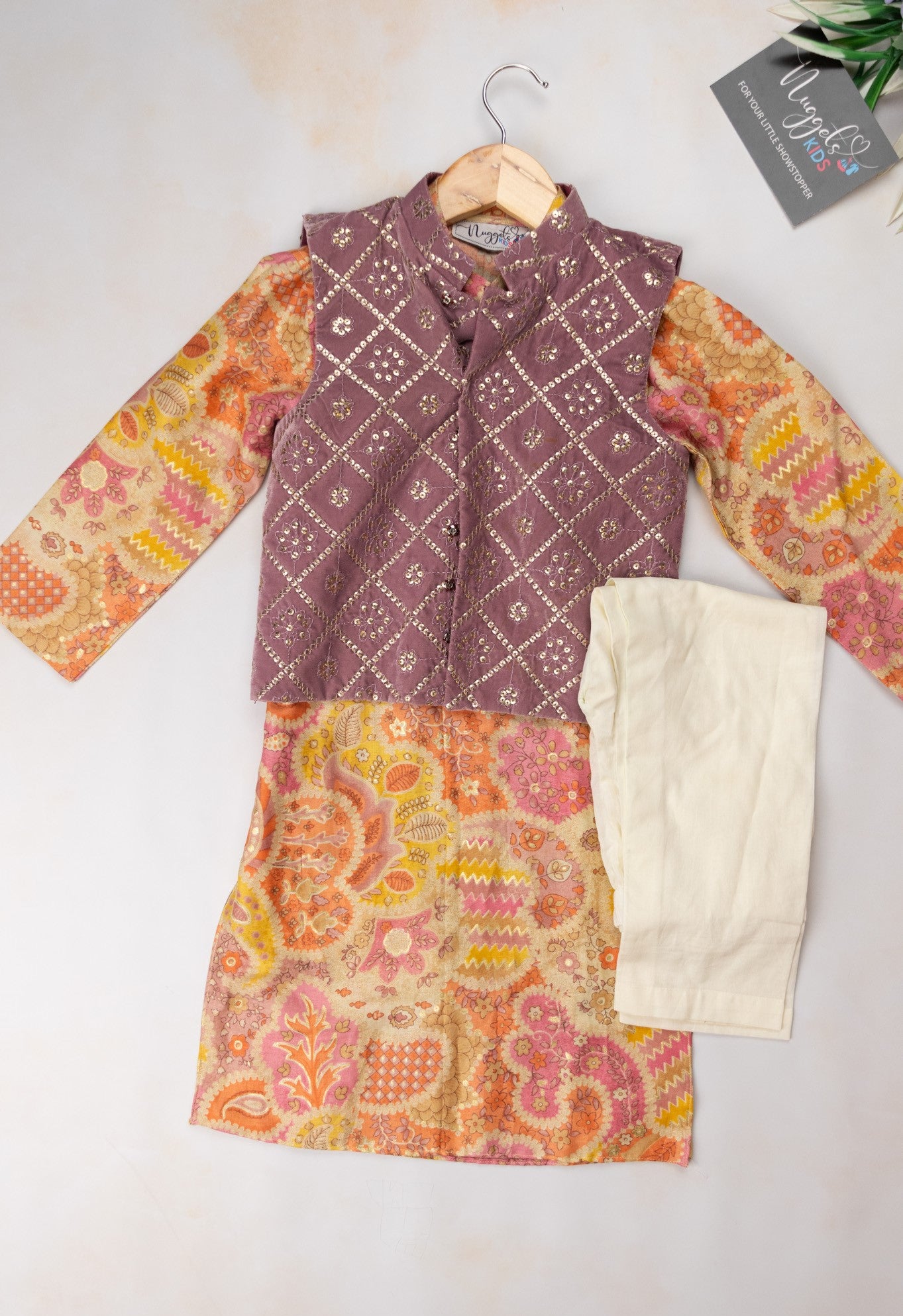 Pre Order: Multicolor Cotton Foil kurta with velvet sequined jacket and straight pant
