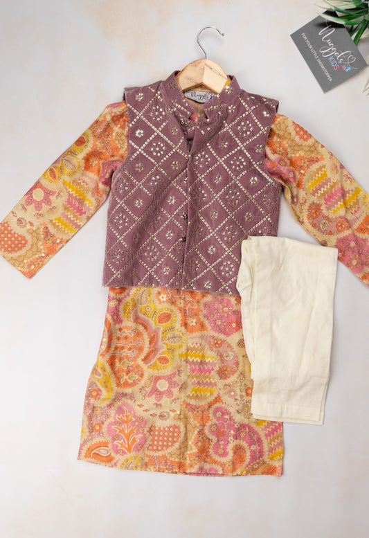 Pre Order: Multicolor Cotton Foil kurta with velvet sequined jacket and straight pant