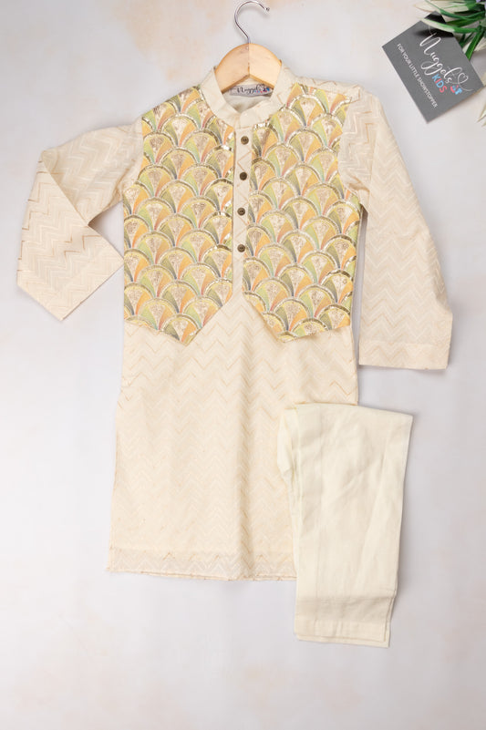 Pre Order: Stylish Jacquard Cotton Kurta with Attached Jacket and Straight Pants