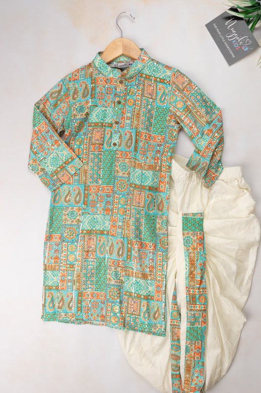 Pre Order: Foil Printed Sequined Kurta with matching Dhoti