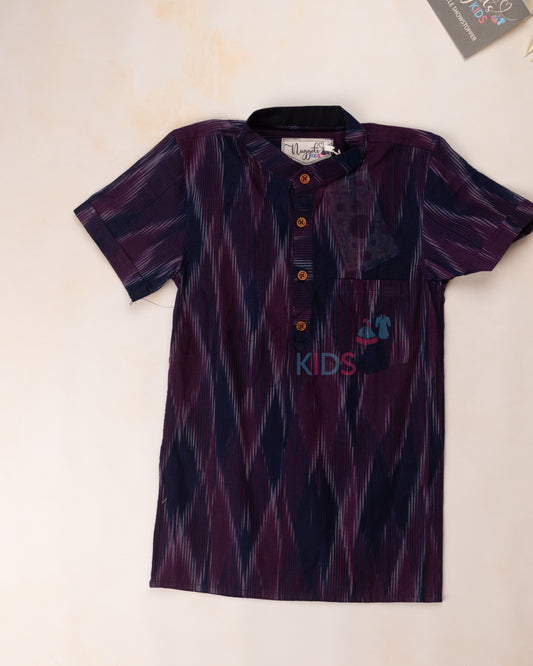 Ready to Ship: Violet Ikkat Short Kurta with wooden button detailing and short sleeves