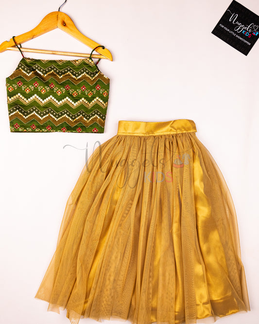 Ready to Ship: Green and Golden Top and Net Lehenga Set