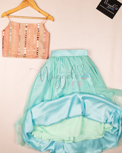 Ready to Ship: Peach Designer Top and Turquoise Net Lehenga Set