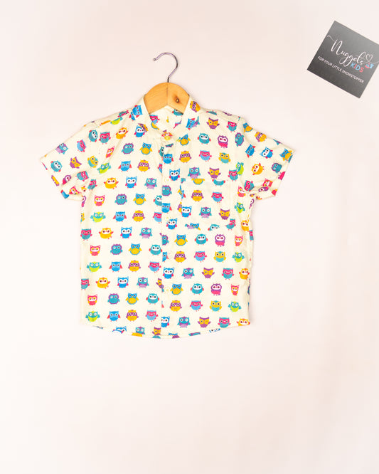 Ready to Ship: Owl Printed Swiss Cotton Shirt with Front Pocket