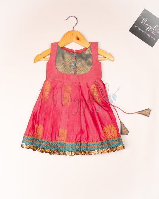 Ready to Ship: Soft Semi Silk Onion Pink frock with patch work yolk, potli button and patch work hem with lace detailing