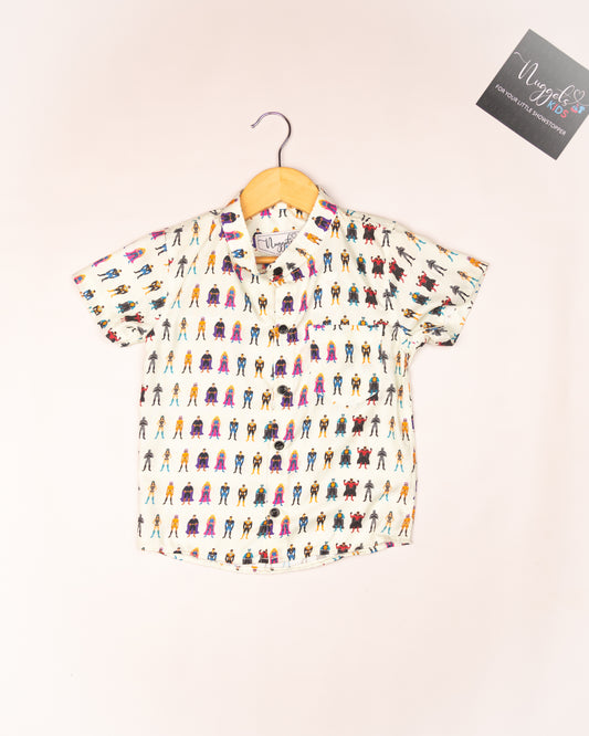 Ready to Ship: Super Heroes Printed Swiss Cotton Shirt with Front Pocket