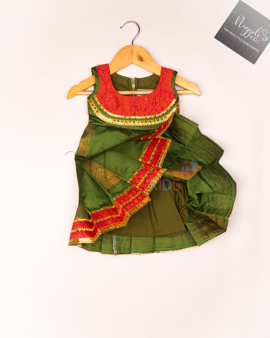 Ready to Ship: Dark Green Semi Silk frock with patch work yoke and patch work hem with lace detailing