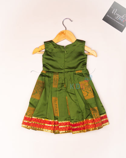 Ready to Ship: Dark Green Semi Silk frock with patch work yoke and patch work hem with lace detailing