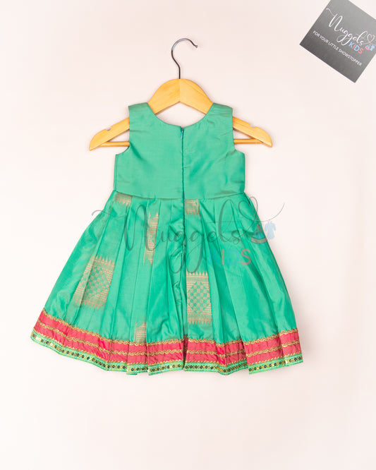 Ready to Ship: Pista Green Soft Semi Silk frock with patch work yolk, potli button and patch work hem with lace detailing