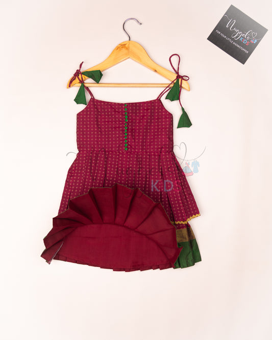 Ready to Ship: Beetroot and Green Two layered semi silk tie-up frock with potli buttons and lace detailing