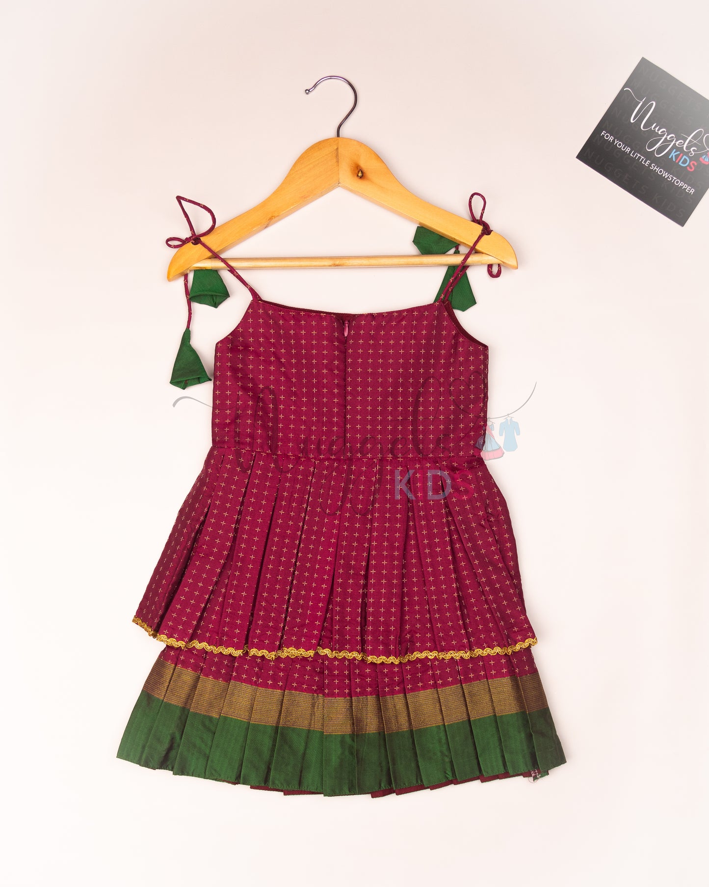 Ready to Ship: Beetroot and Green Two layered semi silk tie-up frock with potli buttons and lace detailing