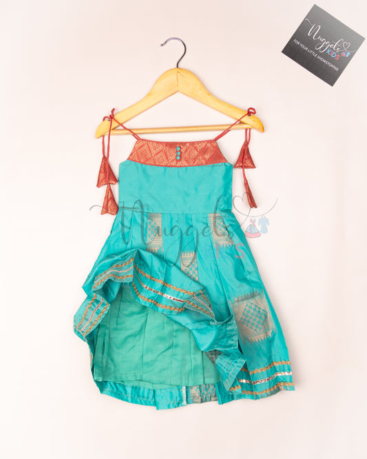 Ready to Ship: Sea Blue Semi Silk Tie up frock with patch work yoke, Potli button and lace detailing